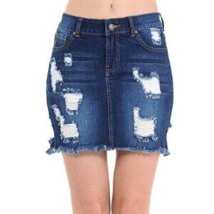 Wax Dark Denim Blue Distressed Skirt
